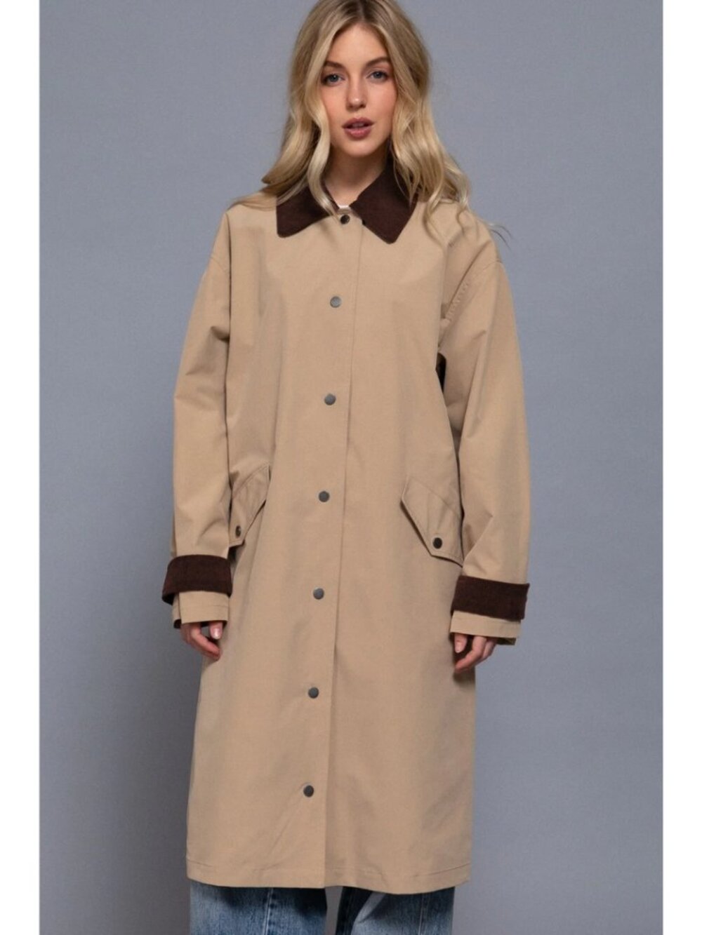Contrast Collar Long Trench Coat - Picture 2 of 4